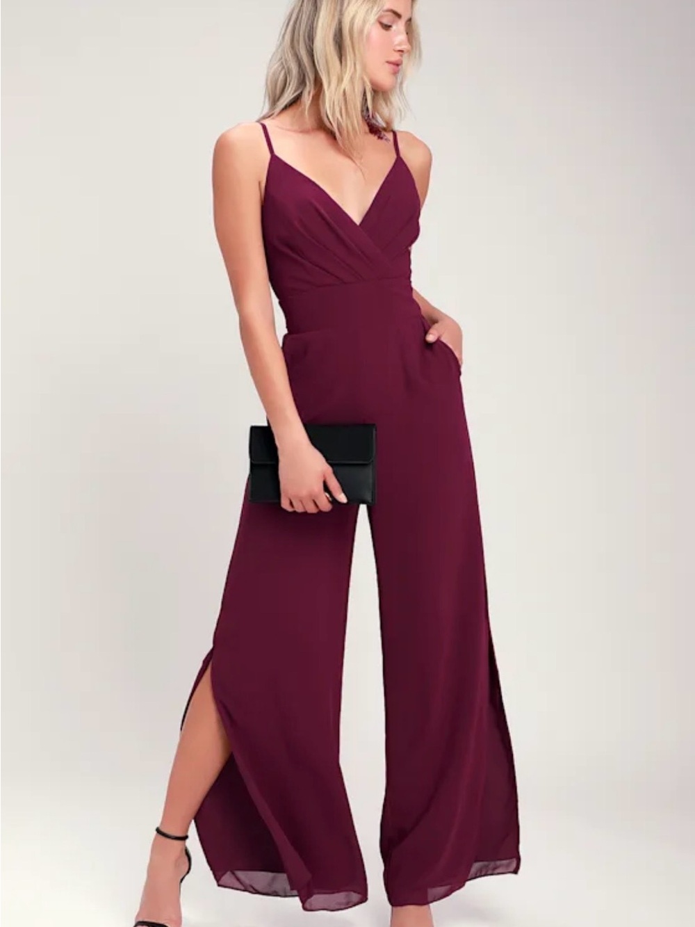 Avalona Burgundy Sleeveless Wide-Leg Jumpsuit